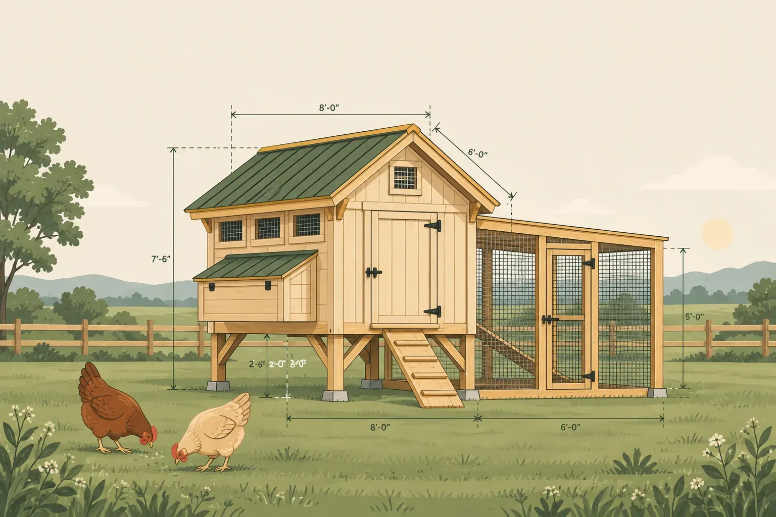 Raised chicken coop with a run in a backyard meadow setting, contemporary farmhouse style with light wood and meadow green trim